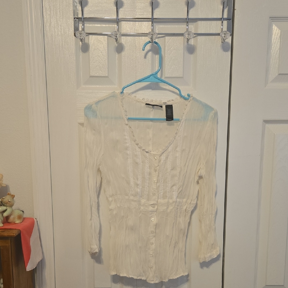 Cream Ribbed Fitted 3/4 Sleeve Blouse